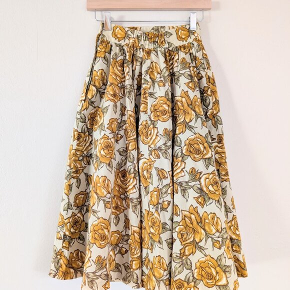Beige A-Line Basque Waist Midi Skirt with Mustard Yellow Roses - Has Pockets XS - Picture 2 of 11